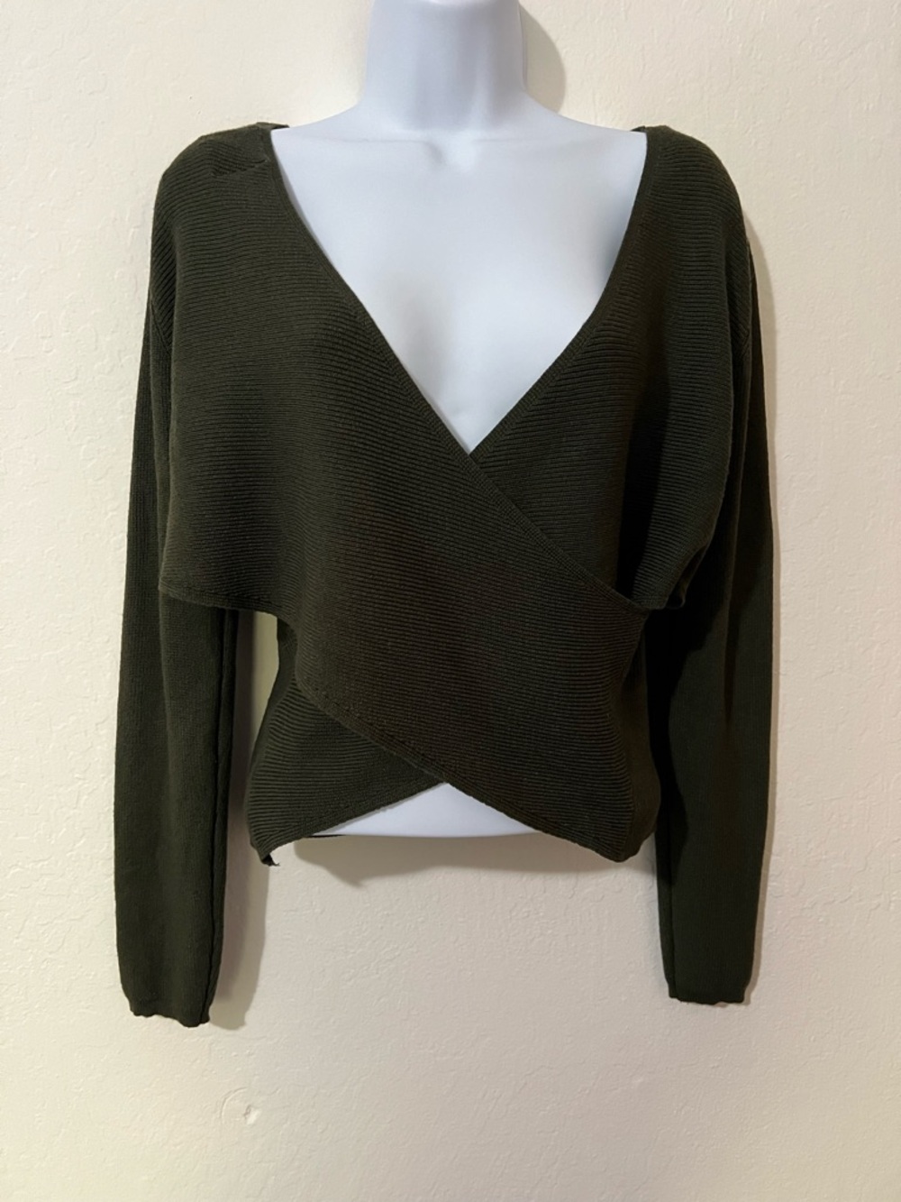 Pink Rose Olive Green V-Neck Wrap Sweater